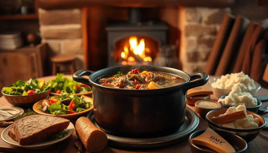 A cozy kitchen interior bathed in warm, soft lighting. At the center, a large, cast-iron pot bubbling with a rich, hearty stew. Chunks of tender meat, vibrant vegetables, and fragrant herbs mingle in the savory broth. Surrounding the pot, a variety of complementary dishes - a fresh salad, crusty bread, and a bowl of steaming mashed potatoes. The table is set with simple, rustic tableware, creating a homely, inviting atmosphere. In the background, a crackling fireplace casts a gentle glow, adding to the sense of comfort and nourishment. The overall scene evokes a feeling of family, togetherness, and the joy of a satisfying, home-cooked meal.
