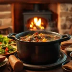 A cozy kitchen interior bathed in warm, soft lighting. At the center, a large, cast-iron pot bubbling with a rich, hearty stew. Chunks of tender meat, vibrant vegetables, and fragrant herbs mingle in the savory broth. Surrounding the pot, a variety of complementary dishes - a fresh salad, crusty bread, and a bowl of steaming mashed potatoes. The table is set with simple, rustic tableware, creating a homely, inviting atmosphere. In the background, a crackling fireplace casts a gentle glow, adding to the sense of comfort and nourishment. The overall scene evokes a feeling of family, togetherness, and the joy of a satisfying, home-cooked meal.