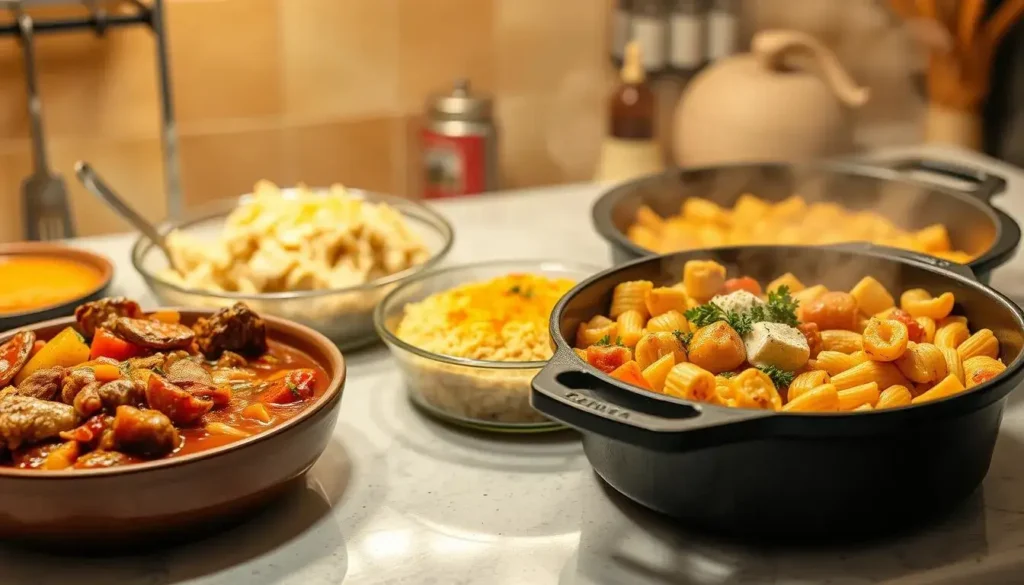 A cozy, well-lit kitchen countertop showcases a variety of delicious one-pot dinner recipes, including a fragrant beef stew with tender chunks of meat, hearty vegetables, and a rich, savory broth. Next to it, a creamy chicken and rice casserole, its golden-brown crust glistening. In the background, a family-sized cast iron skillet simmers with the aromatic steam of a simmering pasta bake, fresh herbs and grated cheese visible. Ambient lighting casts a warm, inviting glow, setting the stage for a comforting, homemade meal perfect for busy weeknights. Tired of spending hours in the kitchen? One pot dinner recipes are here to save the day! 🍳