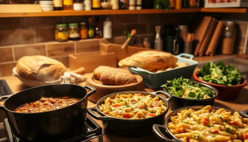 A cozy kitchen interior bathed in warm, soft lighting. At the center, a large, cast-iron pot bubbling with a rich, hearty stew. Chunks of tender meat, vibrant vegetables, and fragrant herbs mingle in the savory broth. Surrounding the pot, a variety of complementary dishes - a fresh salad, crusty bread, and a bowl of steaming mashed potatoes. The table is set with simple, rustic tableware, creating a homely, inviting atmosphere. In the background, a crackling fireplace casts a gentle glow, adding to the sense of comfort and nourishment. The overall scene evokes a feeling of family, togetherness, and the joy of a satisfying, home-cooked meal. A cozy kitchen interior bathed in warm, soft lighting. At the center, a large, cast-iron pot bubbling with a rich, hearty stew. Chunks of tender meat, vibrant vegetables, and fragrant herbs mingle in the savory broth. Surrounding the pot, a variety of complementary dishes - a fresh salad, crusty bread, and a bowl of steaming mashed potatoes. The table is set with simple, rustic tableware, creating a homely, inviting atmosphere. In the background, a crackling fireplace casts a gentle glow, adding to the sense of comfort and nourishment. The overall scene evokes a feeling of family, togetherness, and the joy of a satisfying, home-cooked meal.
