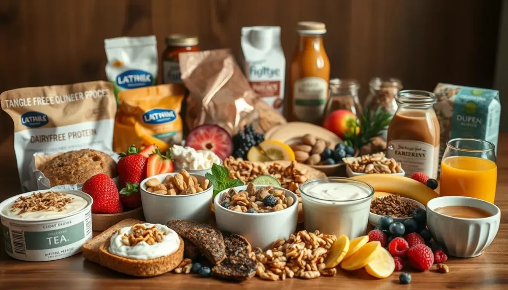 A still life arrangement of a diverse selection of healthy breakfast options catered to different dietary requirements. In the foreground, an assortment of gluten-free baked goods, dairy-free yogurt, and plant-based protein sources. In the middle ground, an array of fresh fruits, nuts, and superfood toppings. In the background, a selection of herbal teas and nut-based milk alternatives. The scene is bathed in warm, soft lighting, captured with a wide-angle lens to emphasize the range of options. The overall mood is one of nourishment, balance, and inclusivity, inviting the viewer to consider the variety of wholesome breakfast choices available for diverse dietary needs. A still life arrangement of a diverse selection of healthy breakfast options catered to different dietary requirements. In the foreground, an assortment of gluten-free baked goods, dairy-free yogurt, and plant-based protein sources. In the middle ground, an array of fresh fruits, nuts, and superfood toppings. In the background, a selection of herbal teas and nut-based milk alternatives. The scene is bathed in warm, soft lighting, captured with a wide-angle lens to emphasize the range of options. The overall mood is one of nourishment, balance, and inclusivity, inviting the viewer to consider the variety of wholesome breakfast choices available for diverse dietary needs.
