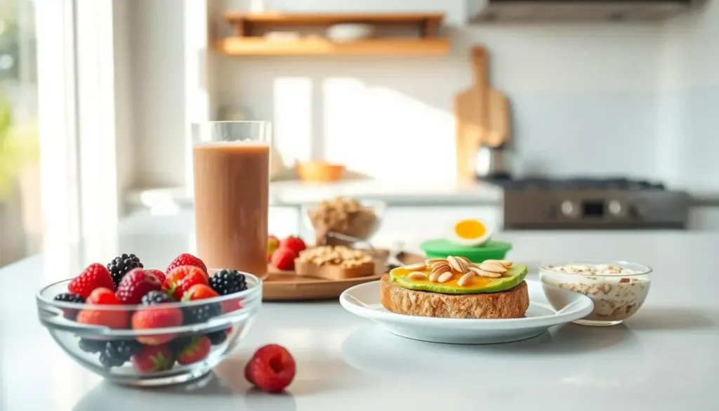 A bright, airy kitchen counter showcases an array of healthy low-calorie breakfast options. In the foreground, a bowl of fresh berries, a glass of refreshing smoothie, and a plate of whole-grain avocado toast garnished with a drizzle of honey. In the middle ground, a neatly arranged spread of Greek yogurt with granola, a hard-boiled egg, and a small bowl of oatmeal topped with sliced almonds. The background features natural light streaming in through a window, casting a warm, inviting glow over the scene. The mood is calm, peaceful, and promotes a sense of wellness and mindful nourishment. Feeling sluggish at work? Your lunch could be the game-changer! 🍽️