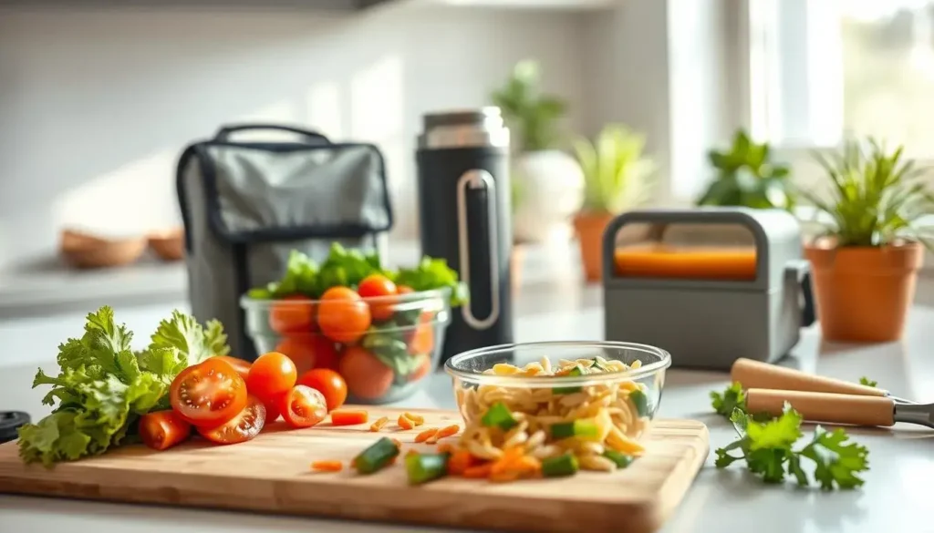 A brightly lit kitchen counter showcases a simple yet satisfying office lunch preparation. In the foreground, a cutting board displays freshly chopped vegetables, including crisp lettuce, vibrant tomatoes, and crunchy carrots. Beside it, a glass container holds a portion of whole-grain pasta, while a thermos radiates the warmth of a homemade soup. In the middle ground, a reusable lunch box stands ready to be filled, its sleek design hinting at practicality and environmental consciousness. The background features a clean, minimalist aesthetic, with a few potted plants adding a touch of greenery to the scene. Soft, natural lighting casts a warm glow, highlighting the healthy, budget-friendly ingredients and the efficient preparation process. A brightly lit kitchen counter showcases a simple yet satisfying office lunch preparation. In the foreground, a cutting board displays freshly chopped vegetables, including crisp lettuce, vibrant tomatoes, and crunchy carrots. Beside it, a glass container holds a portion of whole-grain pasta, while a thermos radiates the warmth of a homemade soup. In the middle ground, a reusable lunch box stands ready to be filled, its sleek design hinting at practicality and environmental consciousness. The background features a clean, minimalist aesthetic, with a few potted plants adding a touch of greenery to the scene. Soft, natural lighting casts a warm glow, highlighting the healthy, budget-friendly ingredients and the efficient preparation process.