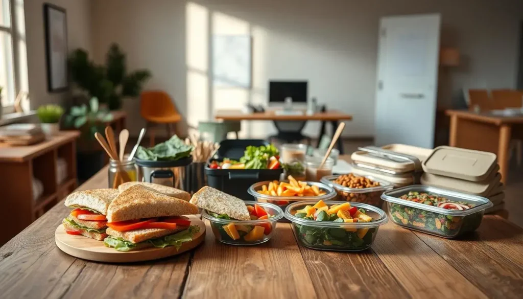 A meticulously prepared spread of quick and nourishing lunch options for busy professionals, captured in a warm, inviting studio scene. In the foreground, an arrangement of freshly-made sandwiches, vibrant salads, and portable snacks sits atop a rustic wooden table, illuminated by soft, natural lighting. The middle ground features a selection of reusable lunch containers, utensils, and condiments, while the background showcases a minimalist office setting, hinting at the practical solutions for fueling the workday. The overall mood is one of efficiency, tastiness, and a balanced approach to midday sustenance. A meticulously prepared spread of quick and nourishing lunch options for busy professionals, captured in a warm, inviting studio scene. In the foreground, an arrangement of freshly-made sandwiches, vibrant salads, and portable snacks sits atop a rustic wooden table, illuminated by soft, natural lighting. The middle ground features a selection of reusable lunch containers, utensils, and condiments, while the background showcases a minimalist office setting, hinting at the practical solutions for fueling the workday. The overall mood is one of efficiency, tastiness, and a balanced approach to midday sustenance.
